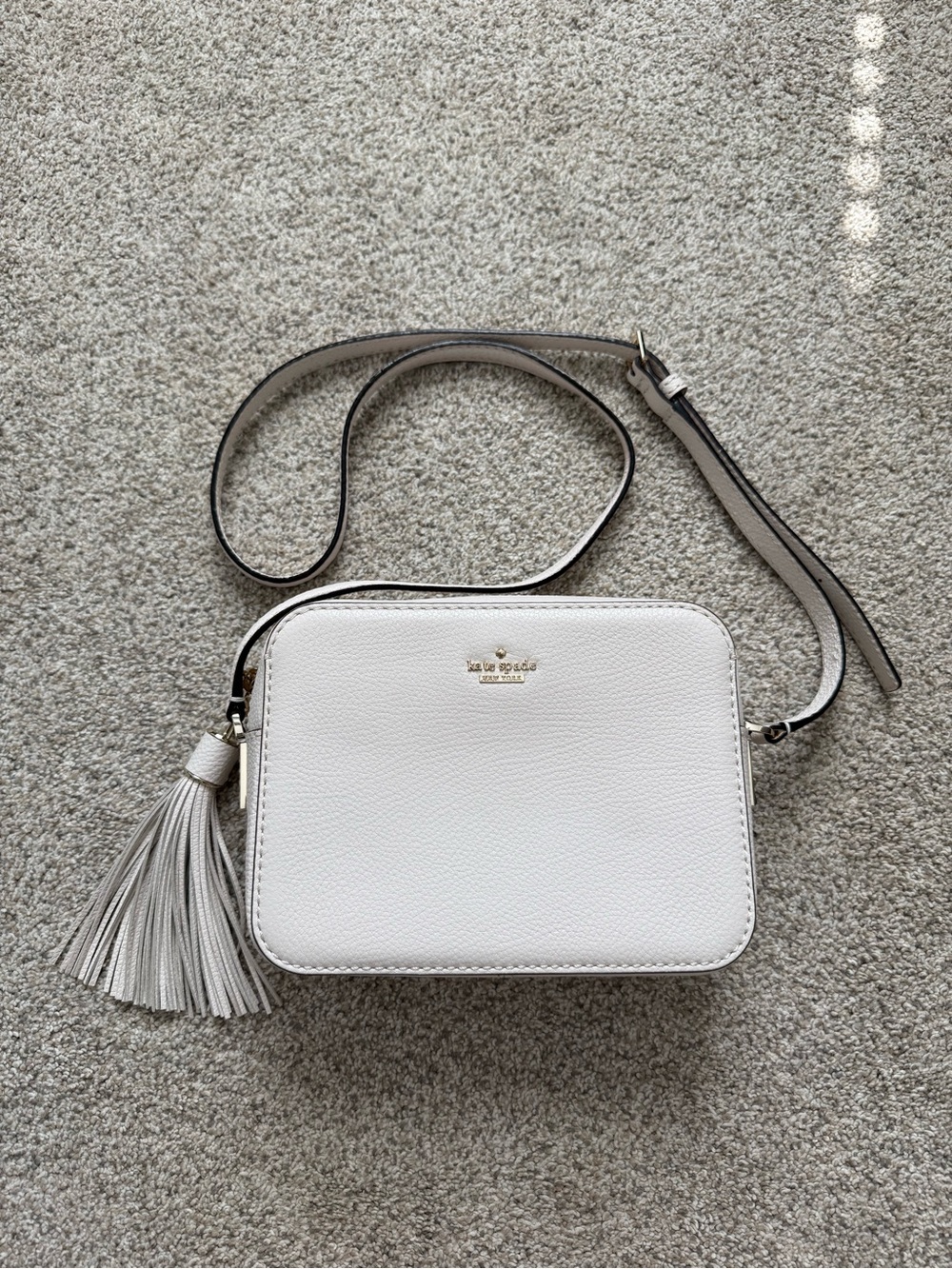 Kate Spade Naomi Ivory Pebbled Cow Leather Tassel Charm Crossbody Camera Bag